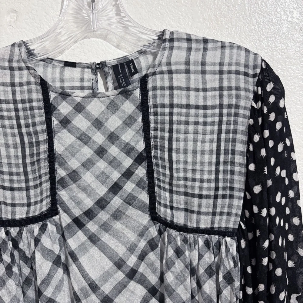 Anthropologie Bl-nk London Miranda Peasant Blouse in Black & White Gingham Plaid